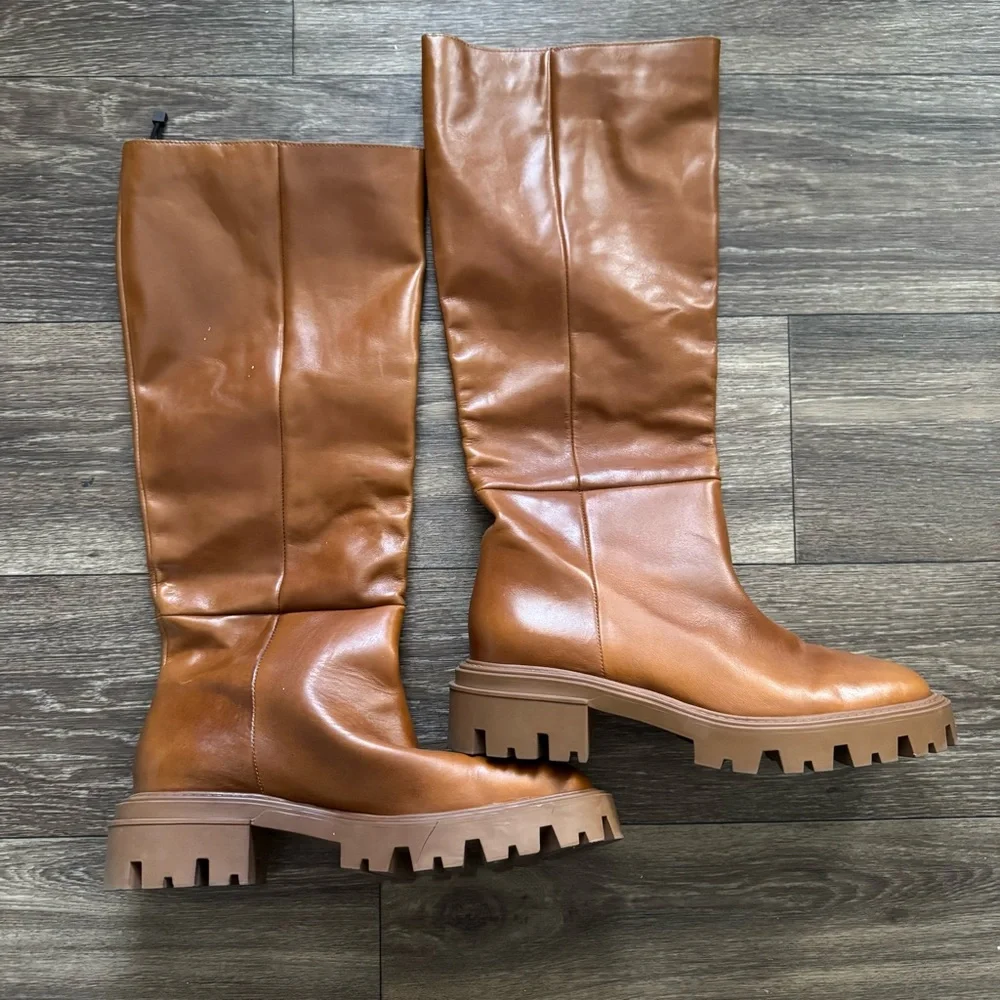 ZARA Flat Knee Brown Tall Leather Boots - Picture 12 of 16